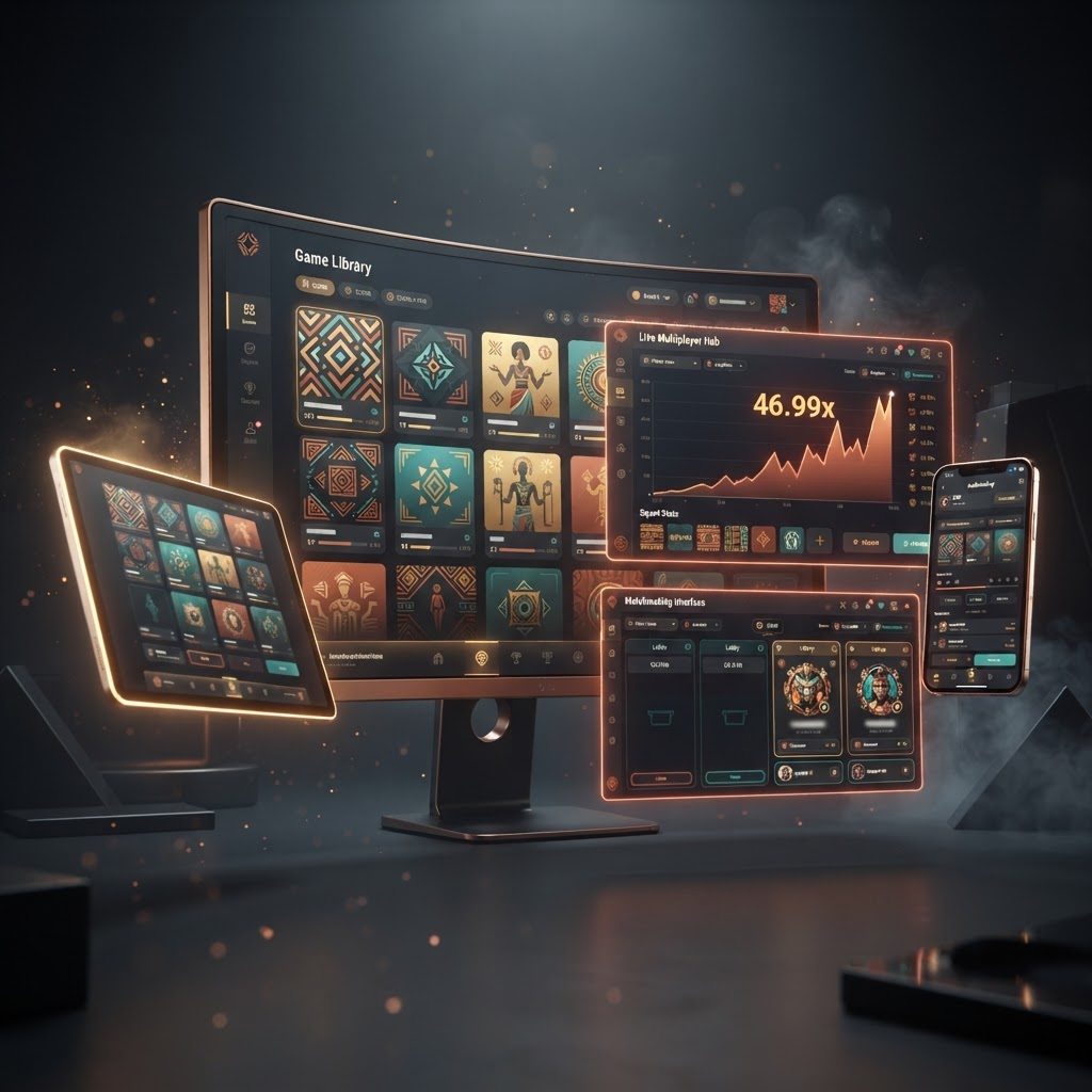 SyncAfri gaming platform dashboard shown across multiple devices